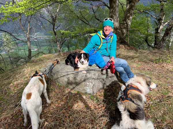 Barbara Kraft mit Hunden auf Waldwiese im Herbst